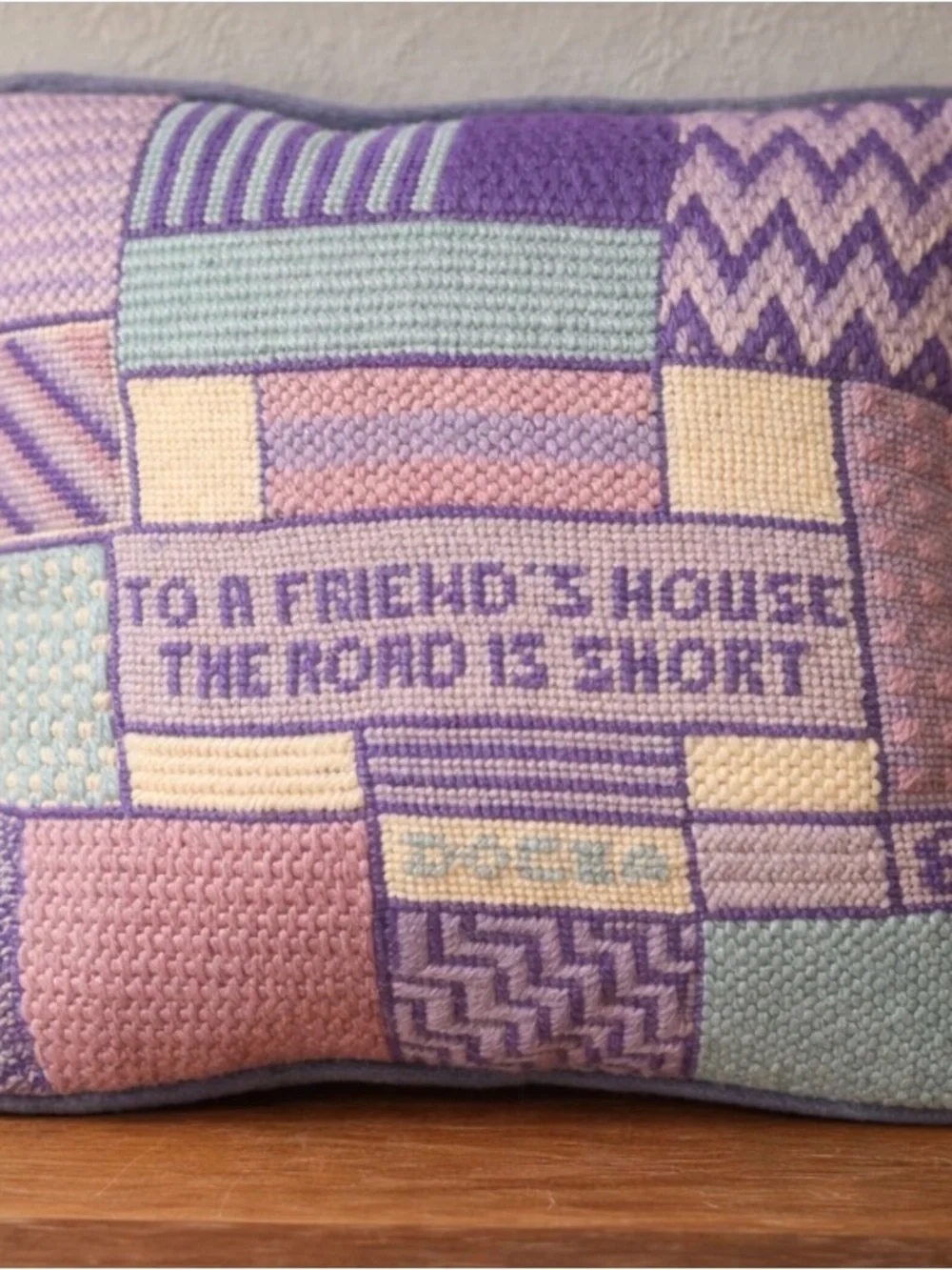 Vintage Purple and Pastel Needlepoint Patchwork Decorative Pillow
